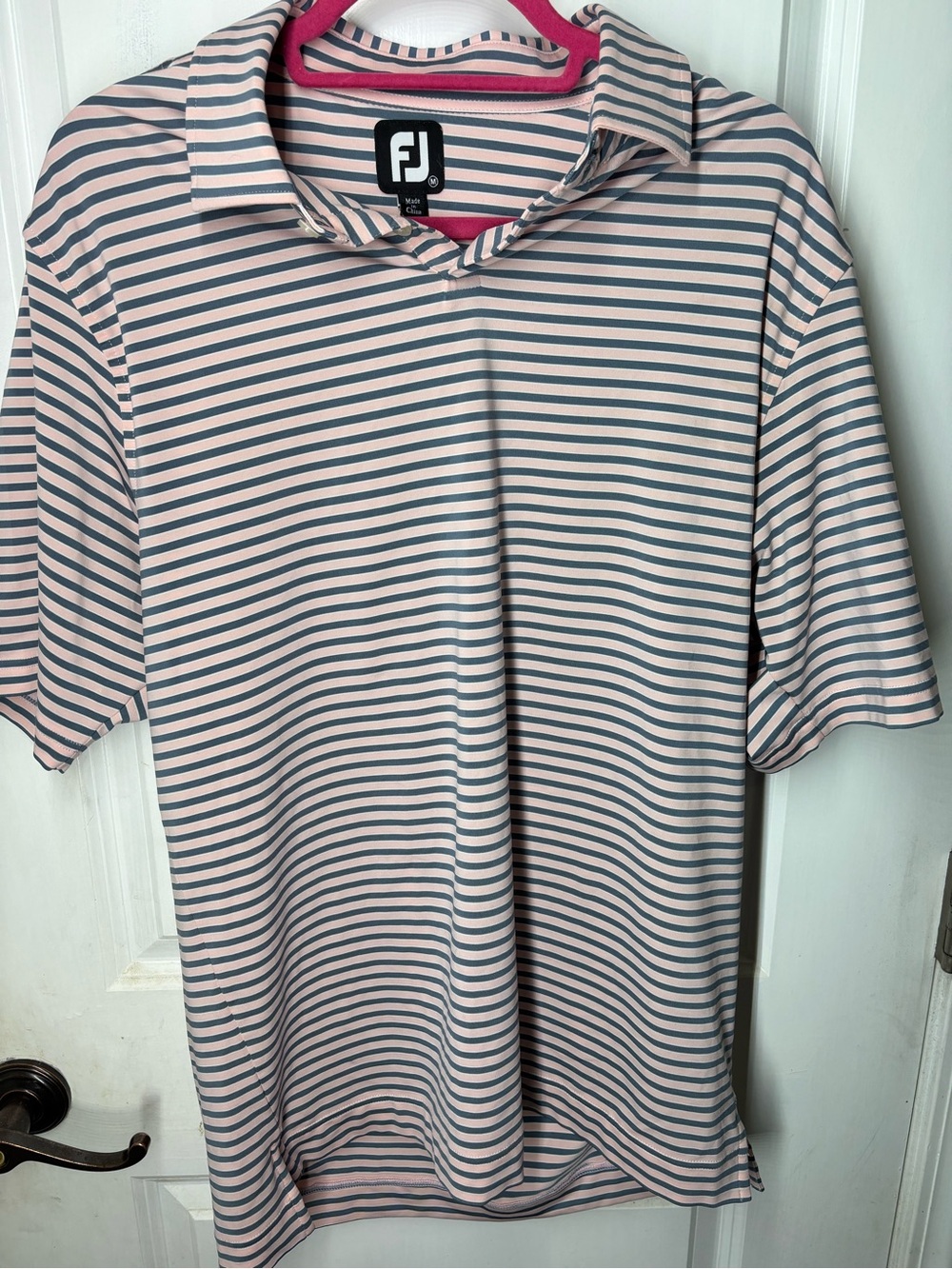 FootJoy Men’s Short-Sleeve Striped Polo - Pink and Gray